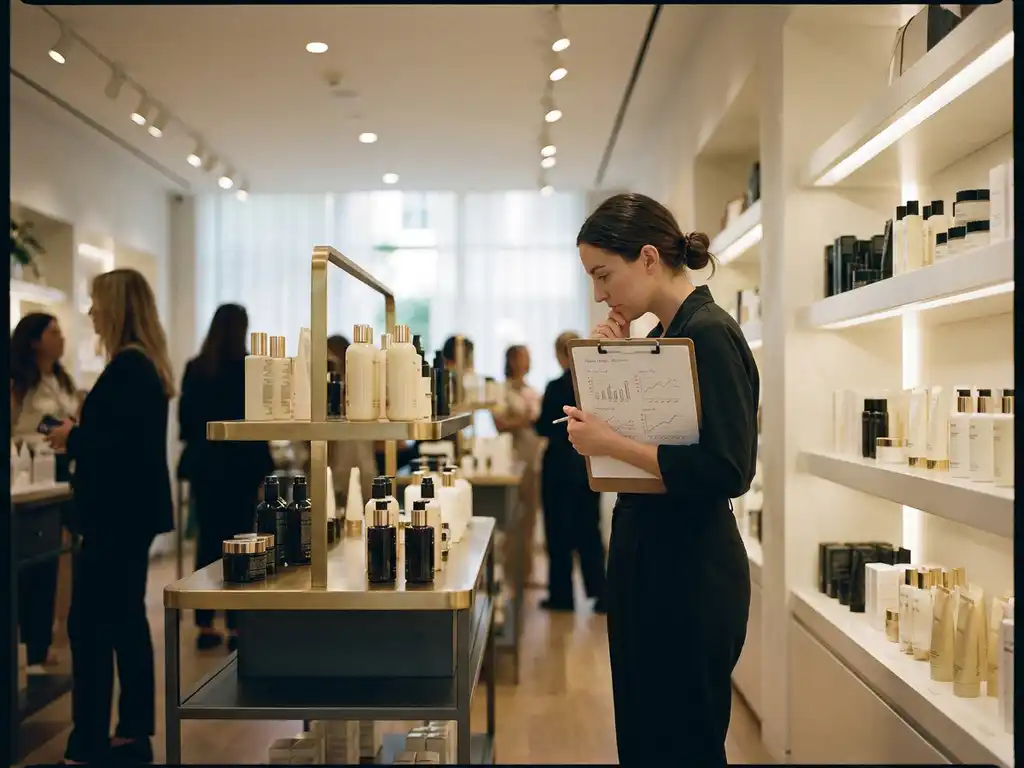 Store associate reviewing conversion metrics clipboard beside premium beauty product display with warm gold-toned shelving and glossy packaging.
