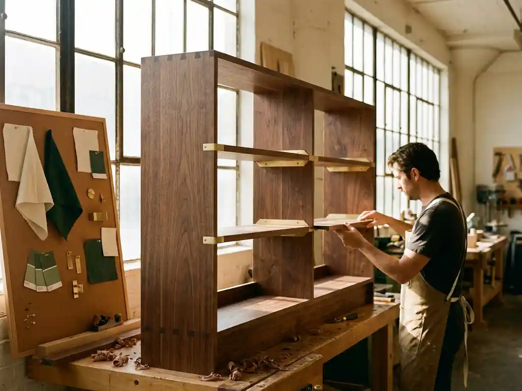 Bespoke retail display fixture being assembled in a workshop, featuring walnut wood joinery and brushed brass accents beside a mood board with fabric swatches.
