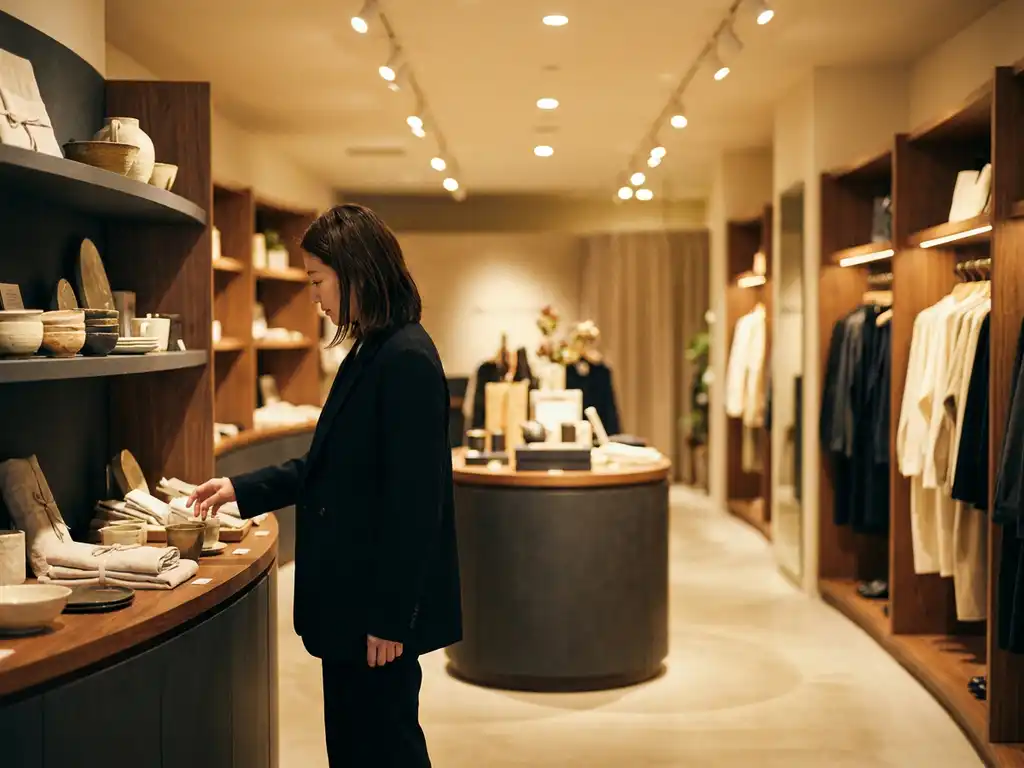 Shopper reaching toward a warmly lit boutique retail shelf with timber fixtures and premium product display.