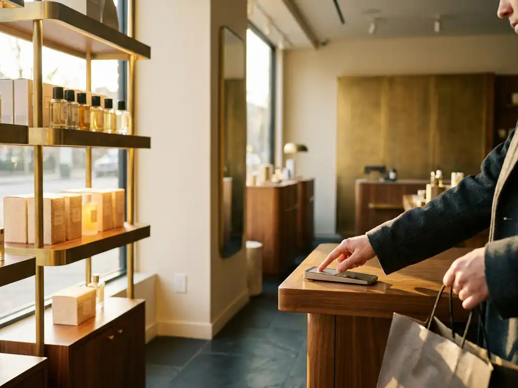 Shopper tapping a card reader at a boutique retail counter with warm wood, brushed metal, and softly lit product displays.