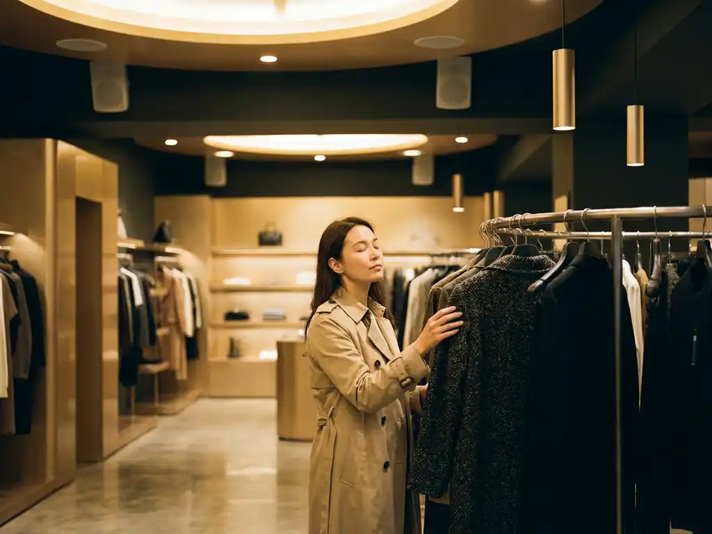 Shopper pausing at a curved clothing rail in a boutique, eyes closed, fingertips touching fabric under warm golden ambient lighting.