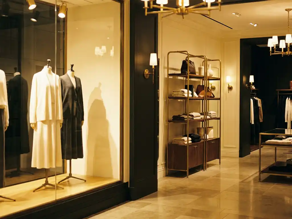Boutique interior with spotlit mannequins in a window display flowing into a brass-accented fixture unit holding arranged products, warm golden lighting on polished floor tiles.