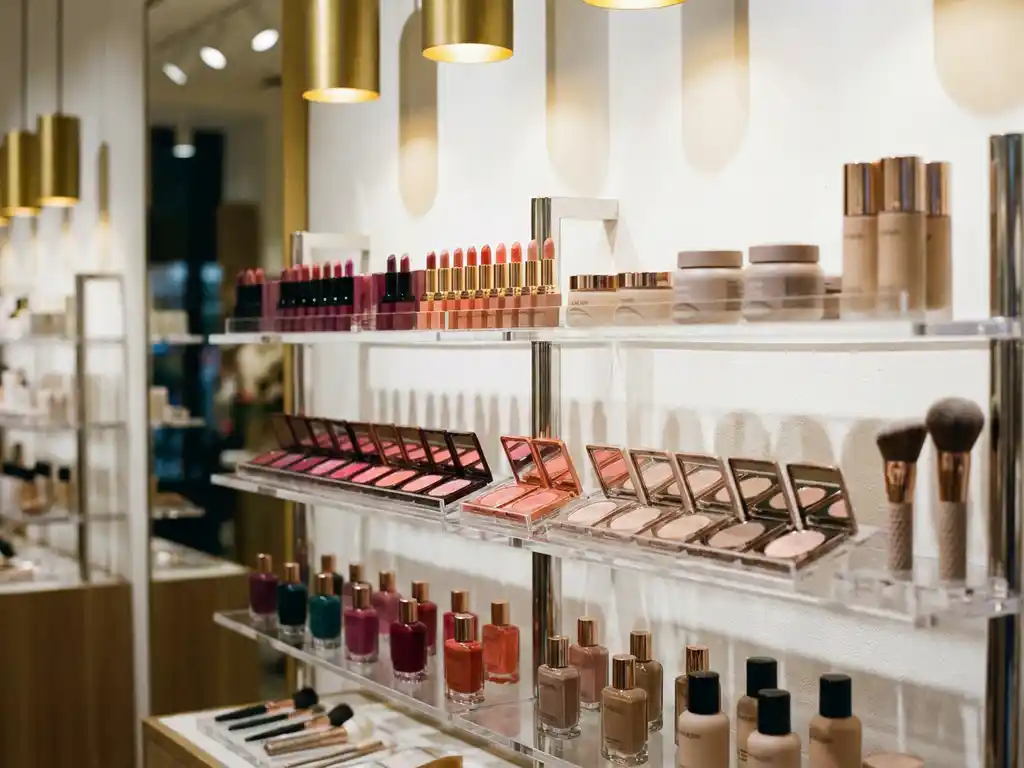 Boutique cosmetic display shelf with products arranged in warm red-to-coral-to-neutral color gradient under golden retail spotlights.