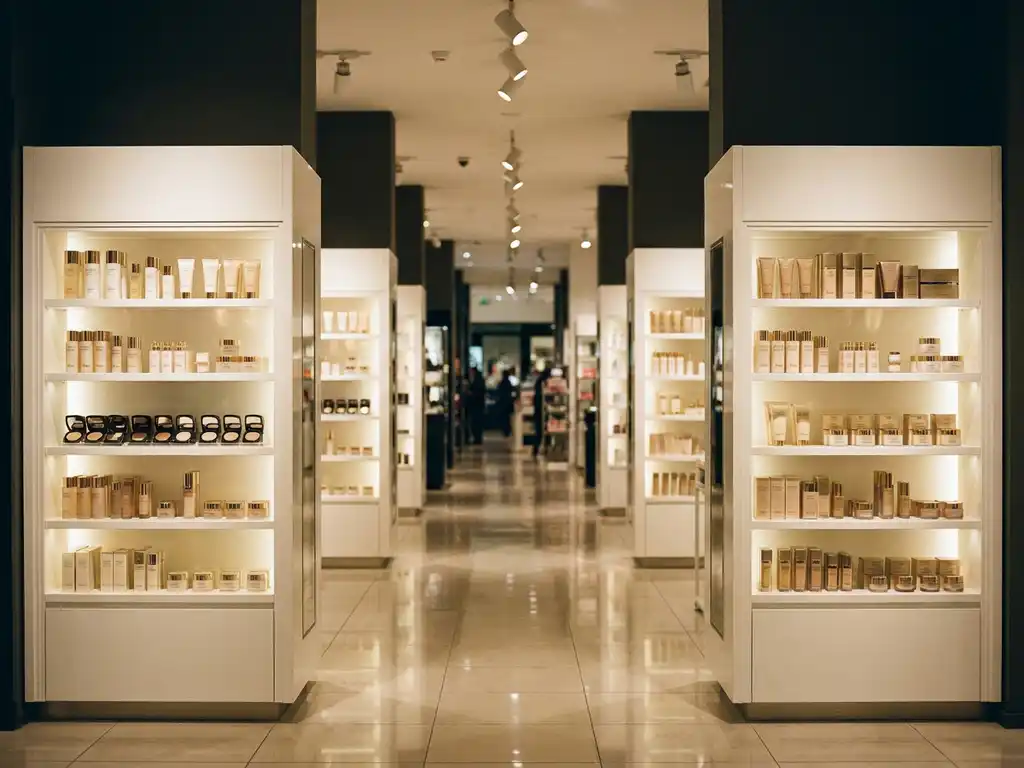 White retail shelving units with neatly arranged cosmetics lining three symmetrical store aisles under warm spotlights.