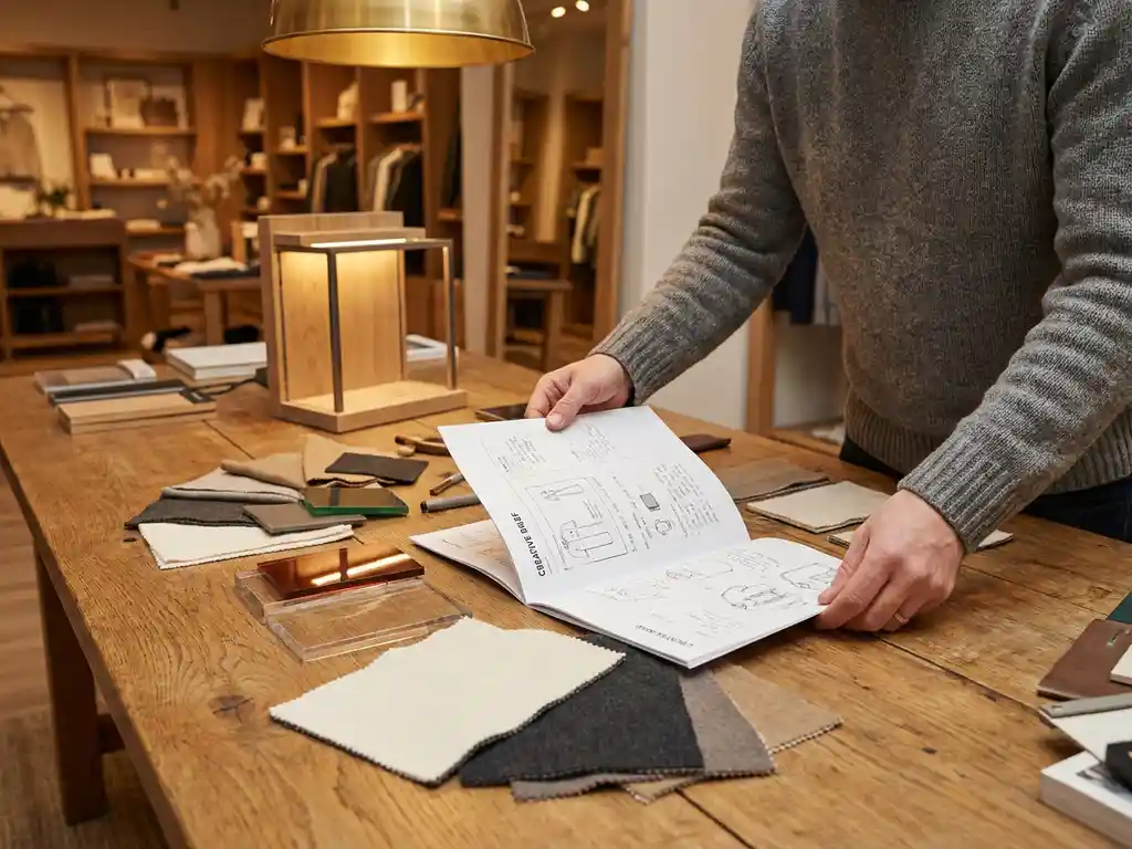 Designer's hands reviewing a creative brief surrounded by material swatches, acrylic samples, and a prototype display unit on a warm oak desk.
