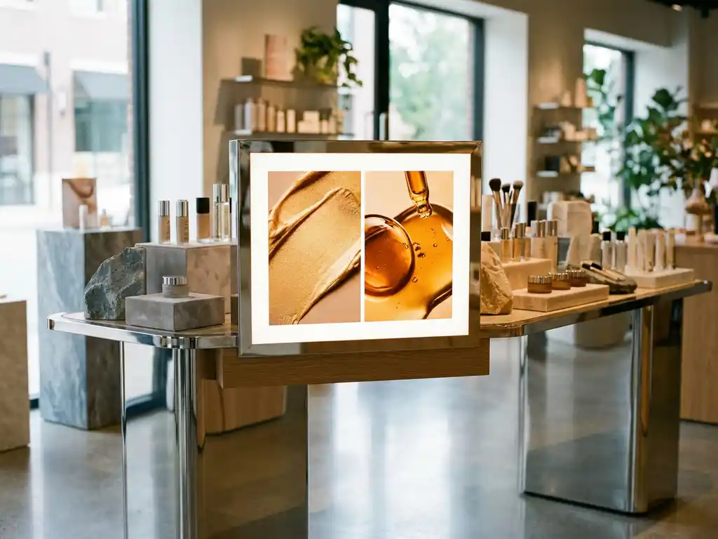 Digital display screen on a premium retail fixture glowing with warm product imagery amid cosmetic displays on a polished shop floor.