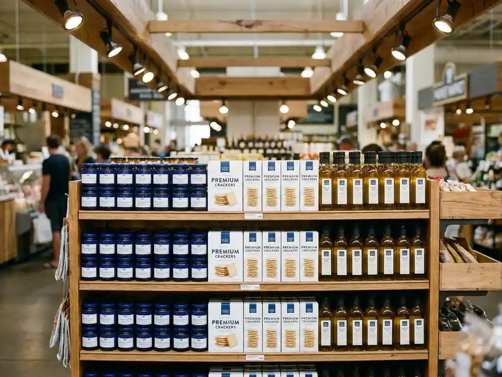 Neatly faced FMCG products on a supermarket shelf, cobalt blue, white, and amber packaging aligned under warm spotlight in a premium retail aisle.