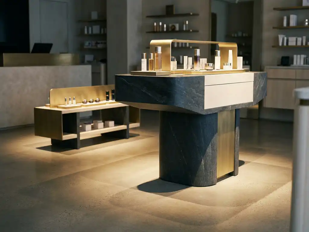 Tall charcoal and brushed gold hero display unit spotlit on a premium retail floor beside a smaller secondary cosmetic shelf fixture.