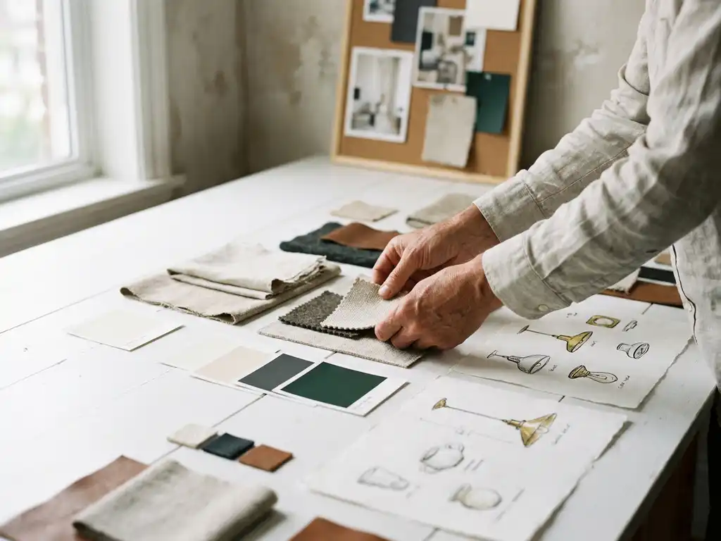 Designer arranging interior design swatches, colour palettes, and fixture sketches on a studio desk beside a mood board in cream, charcoal, and forest green tones.