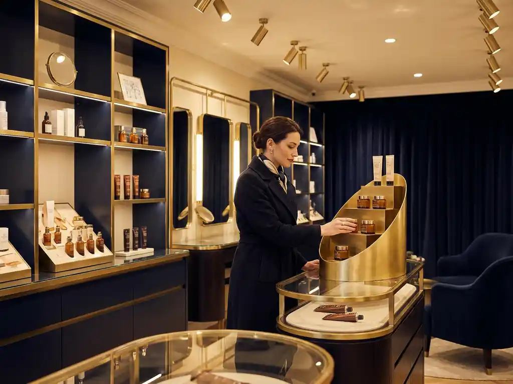 Shopper exploring a sculptural freestanding beauty display in a luxury retail interior with navy and gold tones, warm ambient lighting.