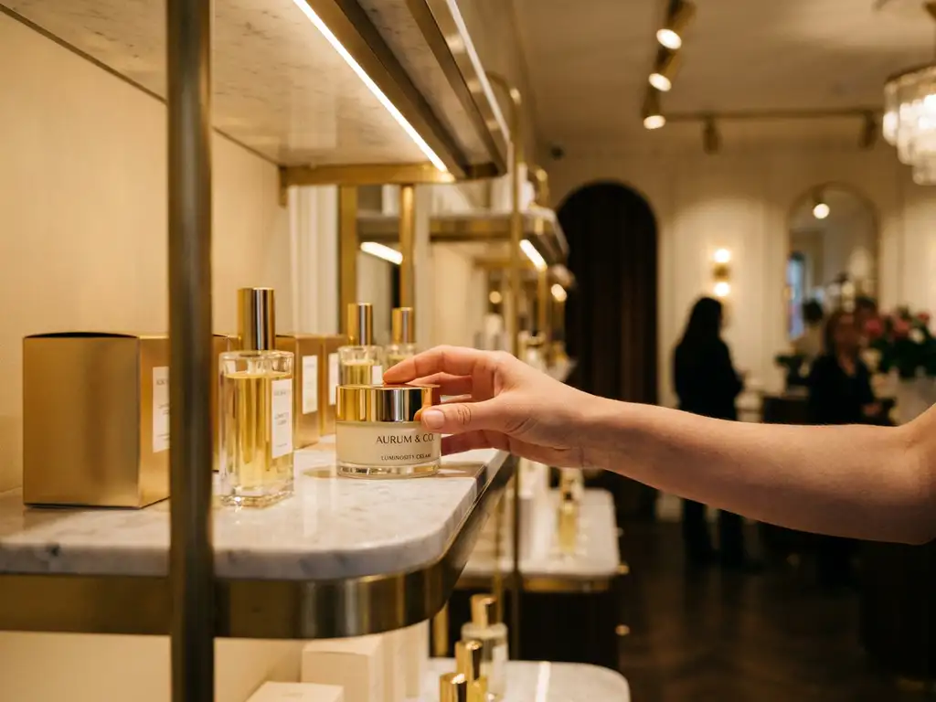 Shopper's hand reaching for an elegantly packaged luxury beauty product on a warmly lit boutique retail display stand.