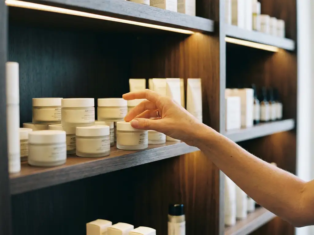 Shopper's hand reaching toward luxury beauty products on a warm-lit walnut display shelf in an upscale retail store.