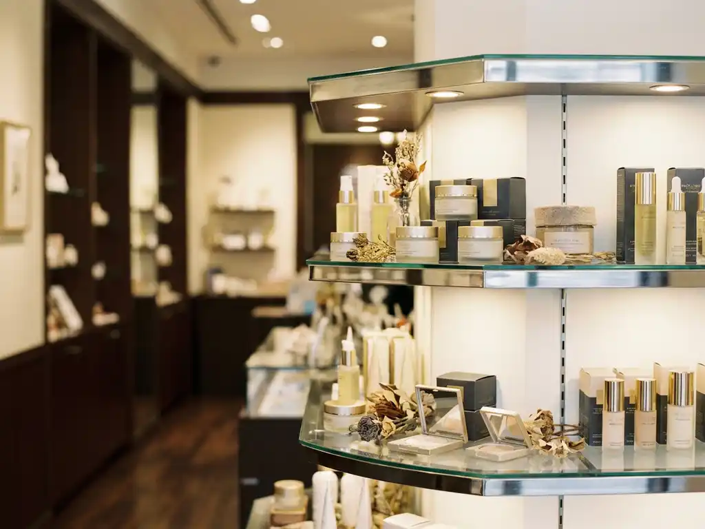 Premium cosmetic display stand with glass shelves, warm spotlights, and elegant product arrangements in a boutique store interior.