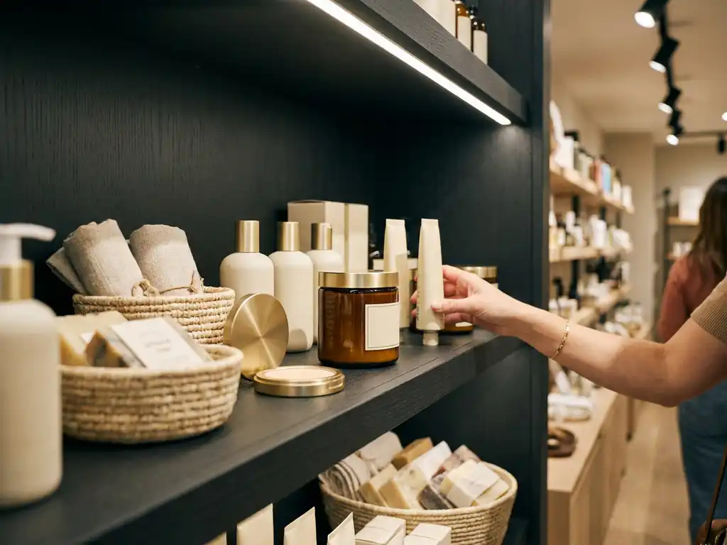 Premium cosmetic display shelf with gold and cream products under warm spotlighting, shopper reaching toward hero item on charcoal shelving.