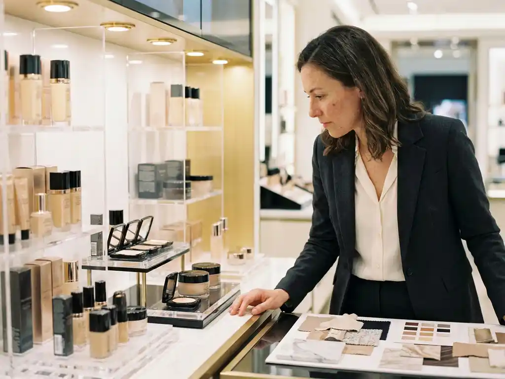 Brand manager arranging a luxury cosmetics display with acrylic tiered fixtures, mood boards, and swatches under warm boutique spotlights.