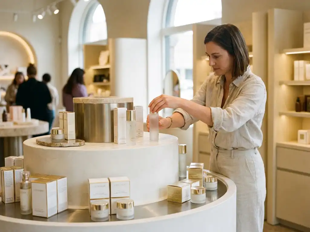 Visual merchandiser arranging premium skincare products on a sculptural white fixture under warm spotlights in an upscale cosmetics retail store.