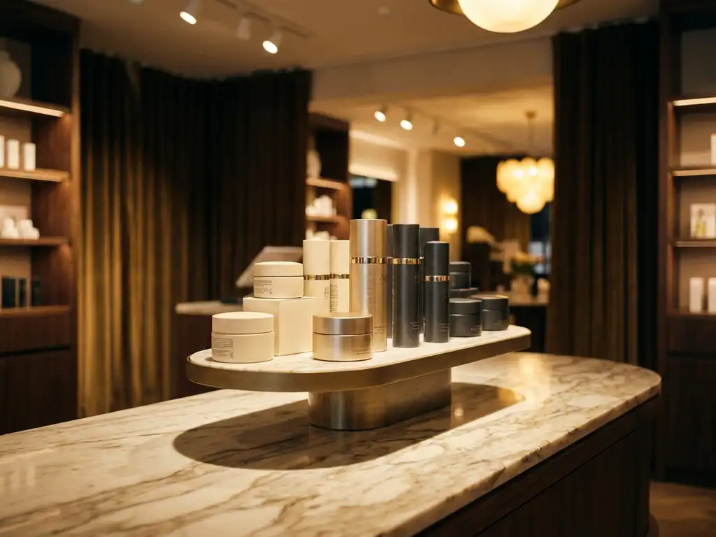 Luxury cosmetic products arranged on a marble retail display stand with warm spotlighting and a softly blurred boutique interior in the background.