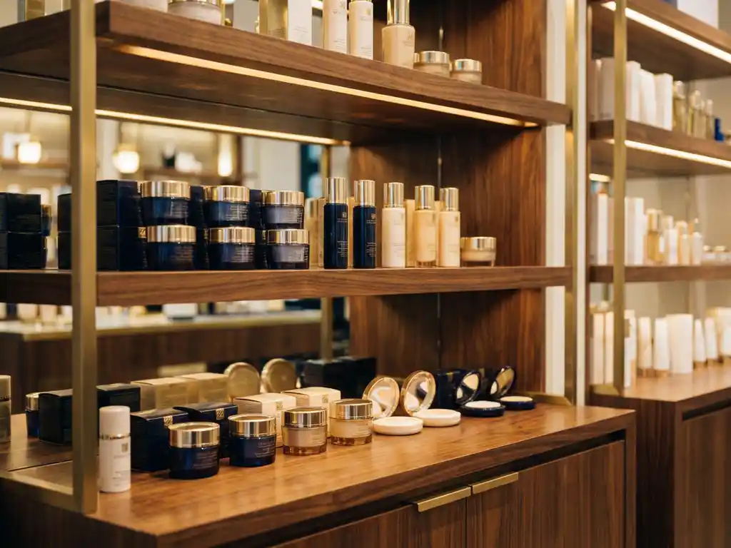Luxury cosmetic products arranged symmetrically on a polished wooden retail shelf with navy, cream, and brushed gold packaging under warm spotlighting.