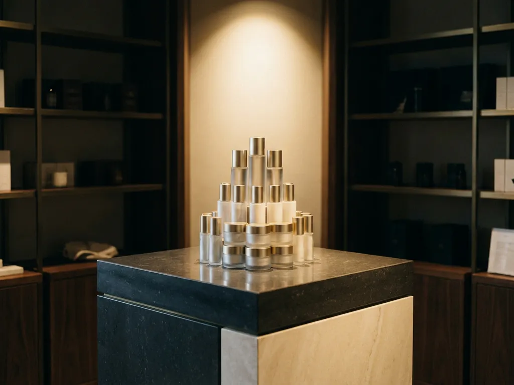 Luxury cosmetic products arranged in a pyramid display under a focused spotlight, with warm ivory, charcoal, and gold tones on a polished surface.
