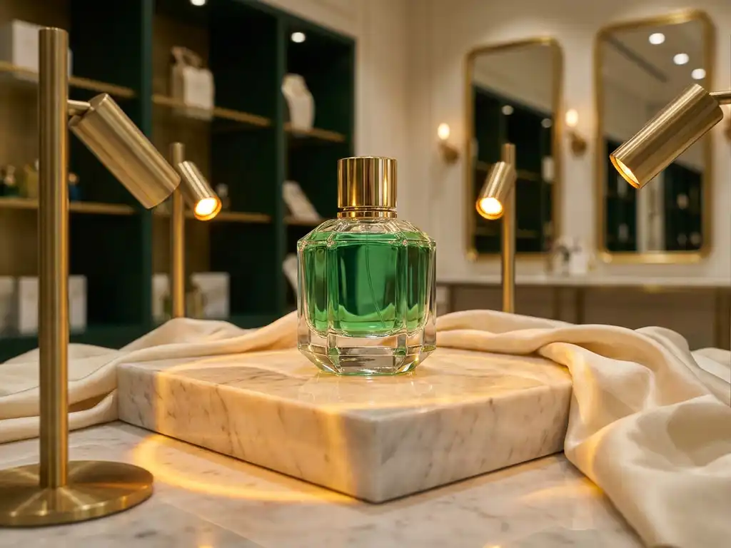 Luxury perfume bottle on marble plinth with brushed gold fixtures, ivory draped fabric, and warm amber spotlight in an emerald-toned boutique.