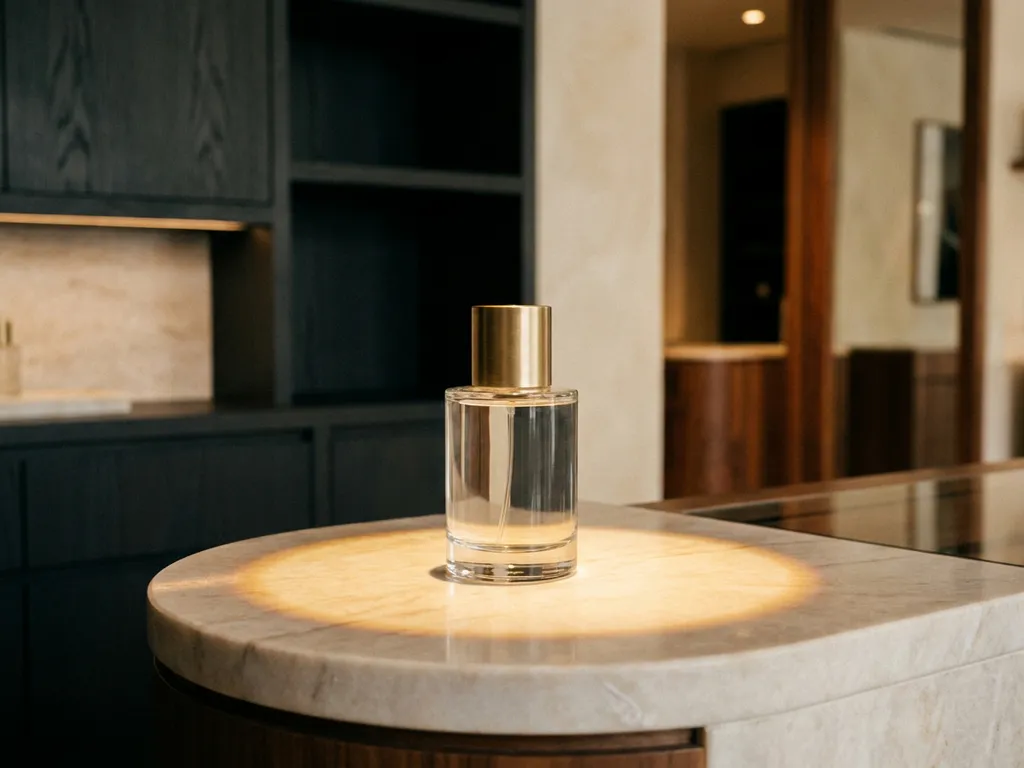 Luxury perfume bottle on marble plinth in boutique, warm golden spotlight, cream and brushed brass tones, shallow depth of field.