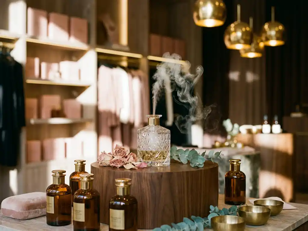 Elegant glass perfume diffuser emitting mist on a polished wood display, surrounded by amber bottles and fresh botanicals in warm boutique lighting.