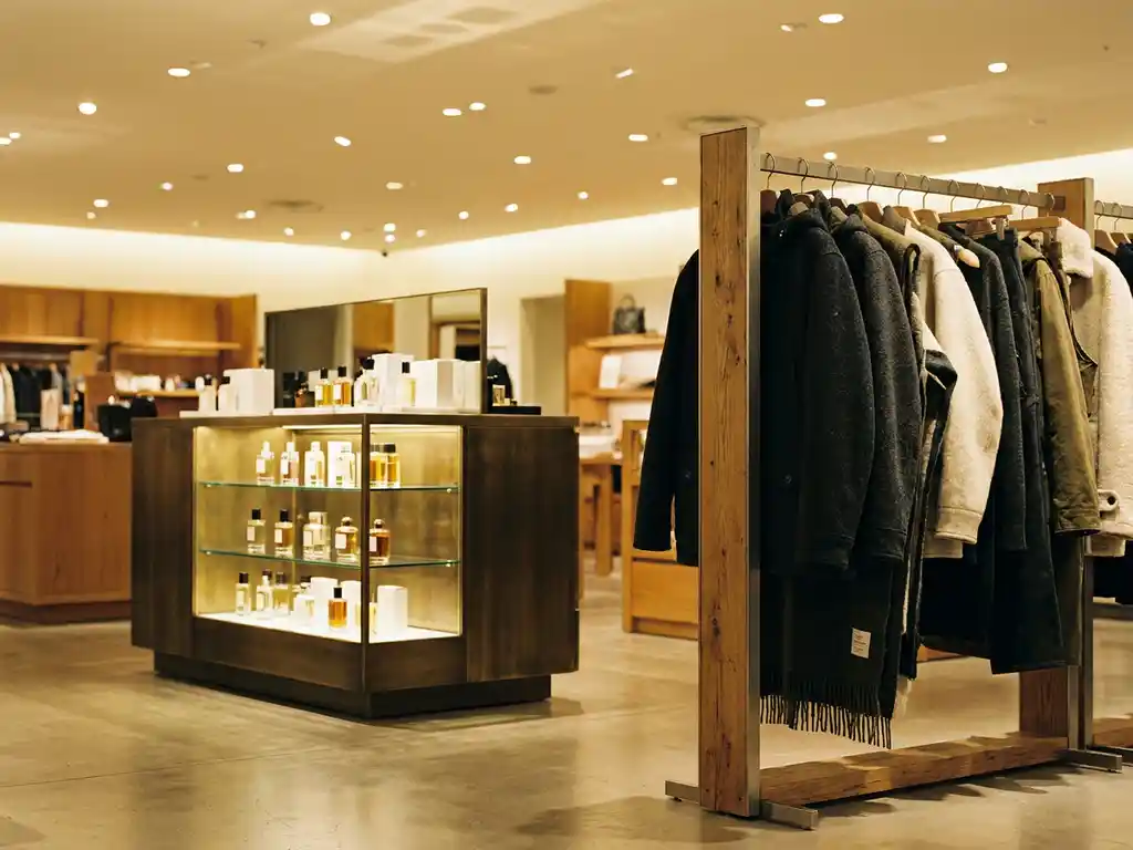 Luxury retail floor with glass perfume bottles at a beauty counter beside a textured outdoor apparel rack, warm brass fixtures, and golden spotlights on polished concrete.