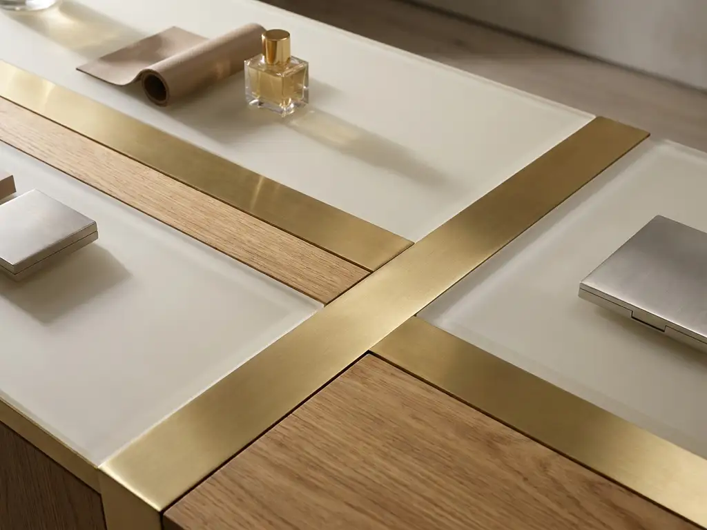 Polished brass, frosted acrylic, and oak wood retail display surfaces arranged with deliberate negative space under warm studio lighting.