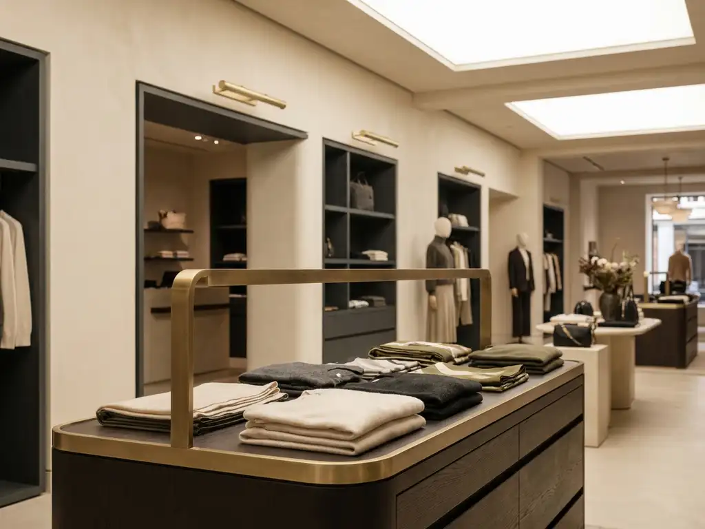 Folded luxury garments displayed on a brass-accented retail fixture, with architectural shelving and warm cream tones visible in the curated store interior beyond.
