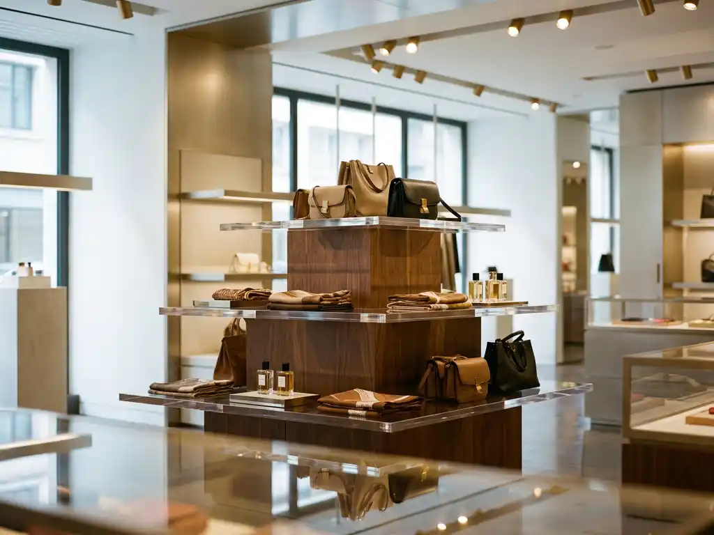 Luxury retail display stand with polished acrylic and timber shelving, golden spotlight accents in a pristine boutique interior.
