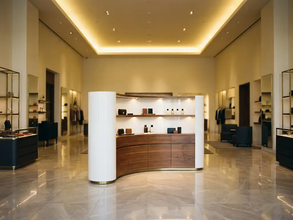 Luxury retail boutique interior featuring a sculptural white and walnut display unit, spotlit products on marble flooring with warm gold and ivory tones.