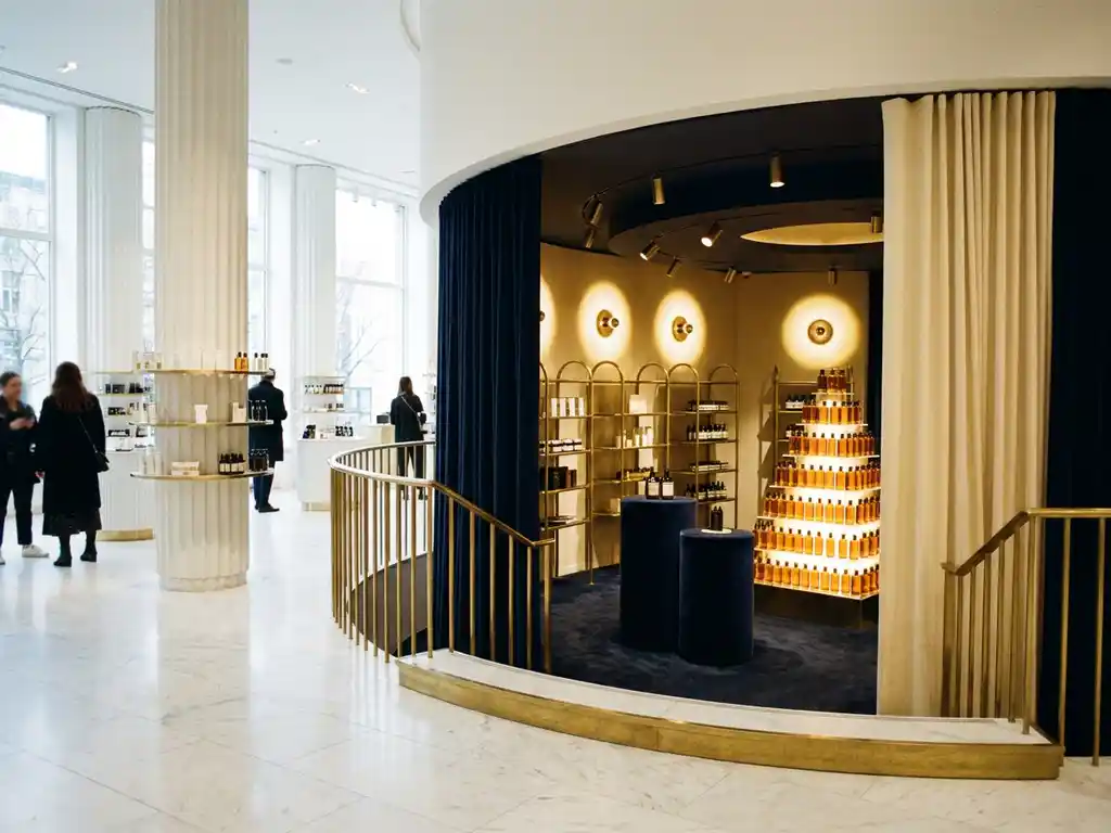 Luxury retail interior with marble floors, soaring display columns, brass accents, and warm spotlights illuminating premium merchandise in navy and ivory tones.