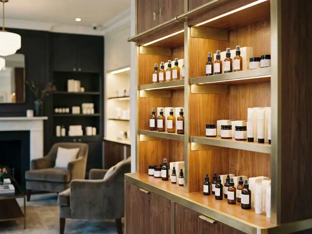 Luxury skincare products arranged on polished wood shelving with brushed metal accents in a warmly lit boutique retail display.