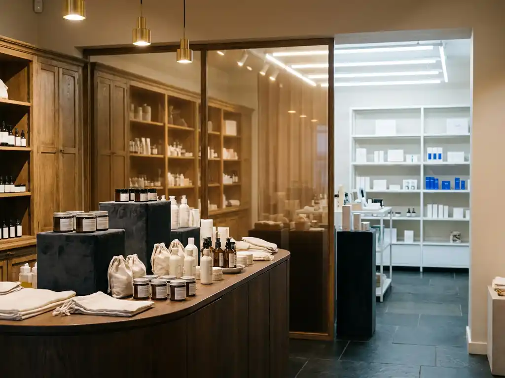 Luxury skincare products arranged on velvet-lined wood shelving under warm amber spotlights in an upscale boutique interior.