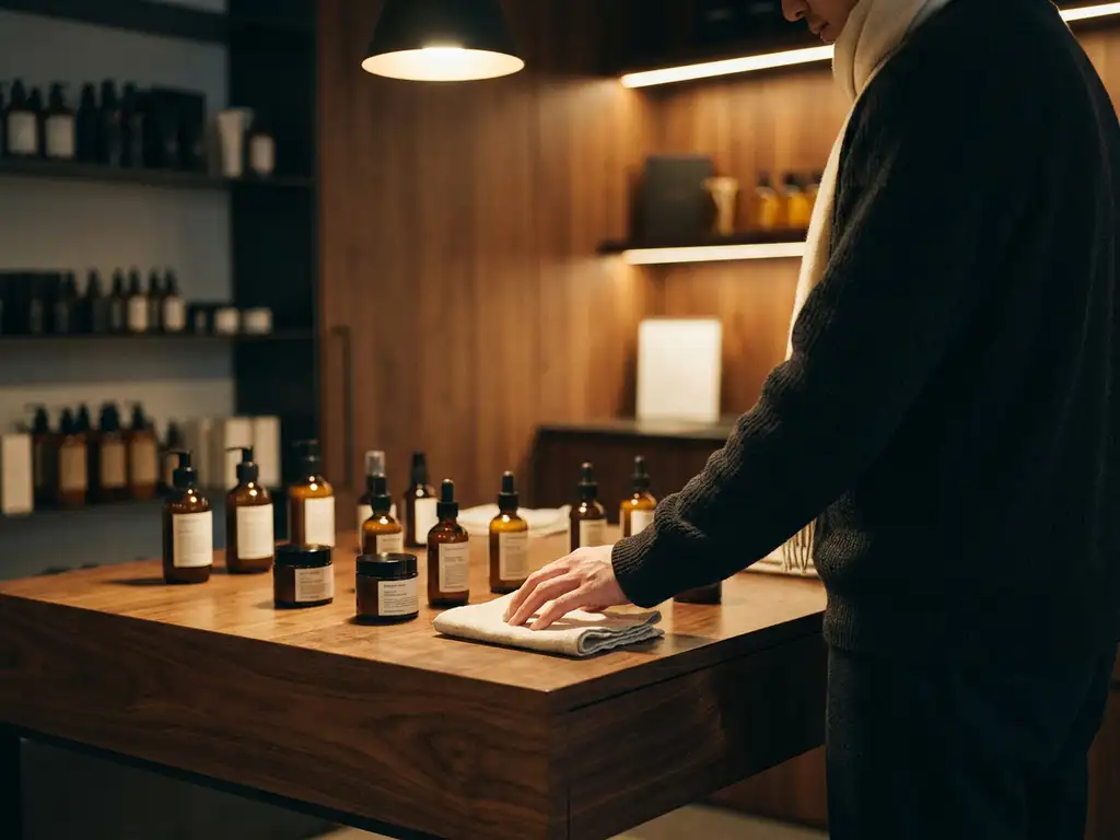 Shopper touching a warm wooden display fixture holding luxury skincare products in a softly lit boutique retail aisle.