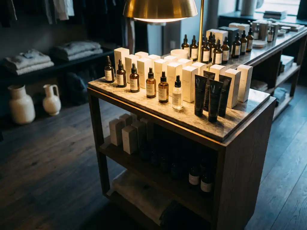 Luxury skincare products on a boutique shelf bathed in warm golden light, glass bottles catching soft highlights against deep charcoal shadows.