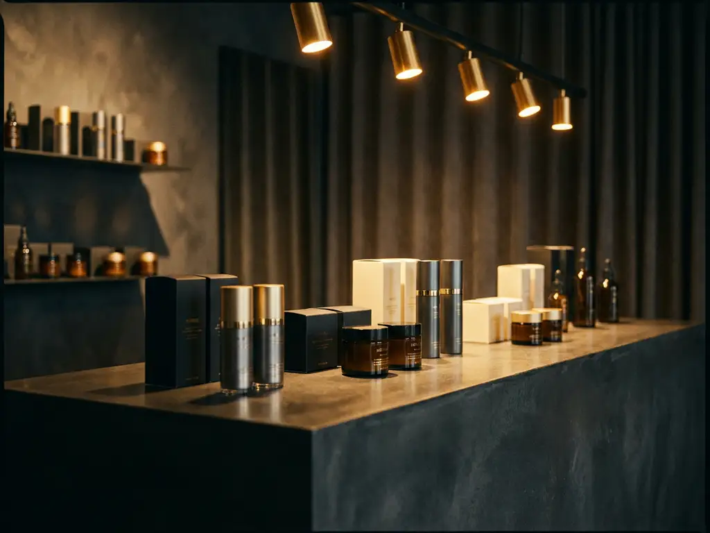 Luxury skincare products on a dark retail fixture under warm amber spotlights, highlighting glossy and matte packaging with dramatic shadows.