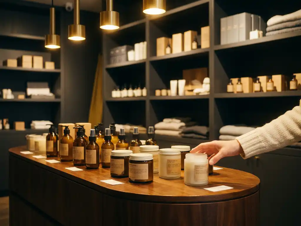 Shopper reaching for premium skincare products on curved wooden display in warmly lit luxury retail interior.