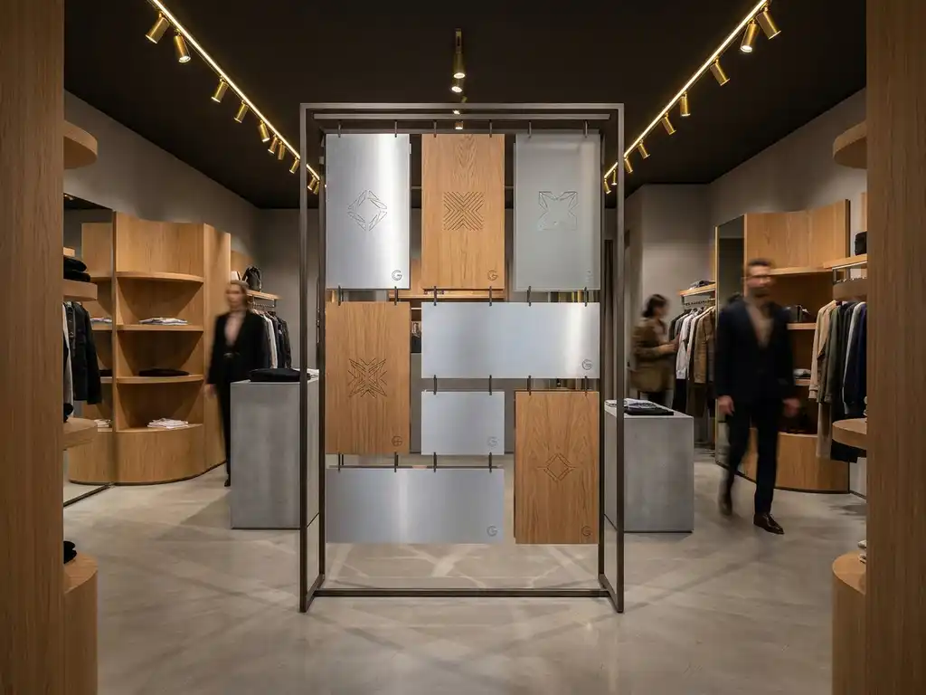 Modular retail display fixture on polished concrete floor with interchangeable brushed metal, wood veneer, and frosted acrylic panels in warm oak and slate grey tones.