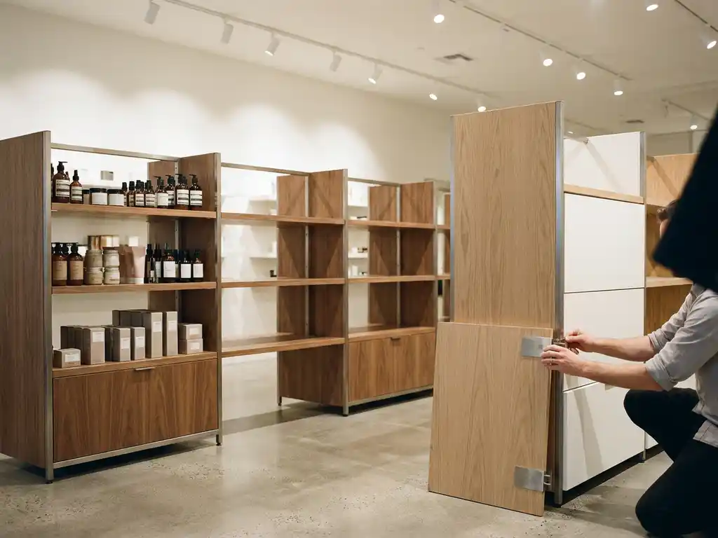 Modular retail display unit being assembled on a polished shop floor, with beauty products arranged on oak and steel shelving sections.