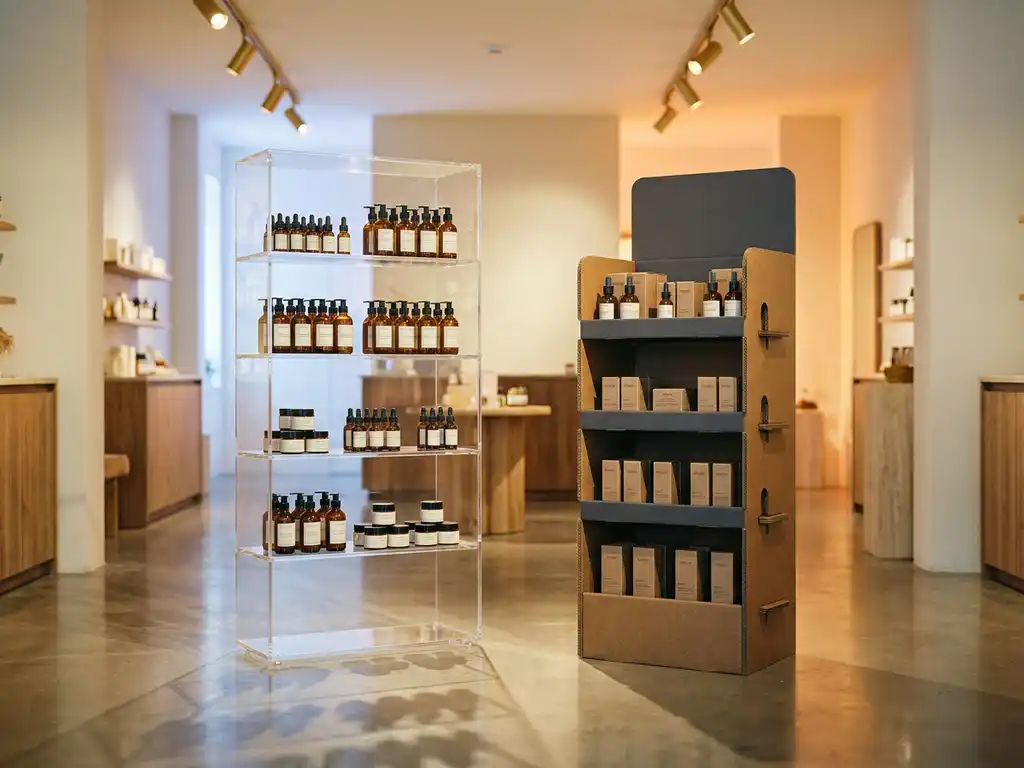 Acrylic permanent display unit beside a cardboard POS stand holding premium beauty products on a polished retail floor under warm golden spotlights.