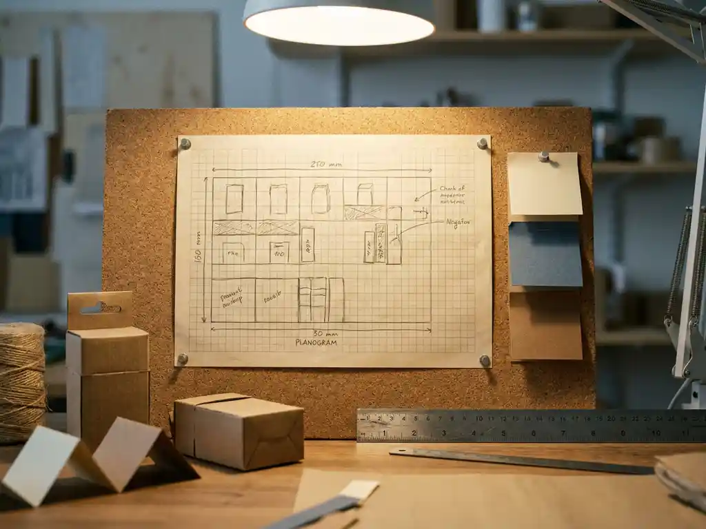 Hand-drawn planogram grid pinned to a corkboard with product mockups, color swatches, and a steel ruler on a studio desk.