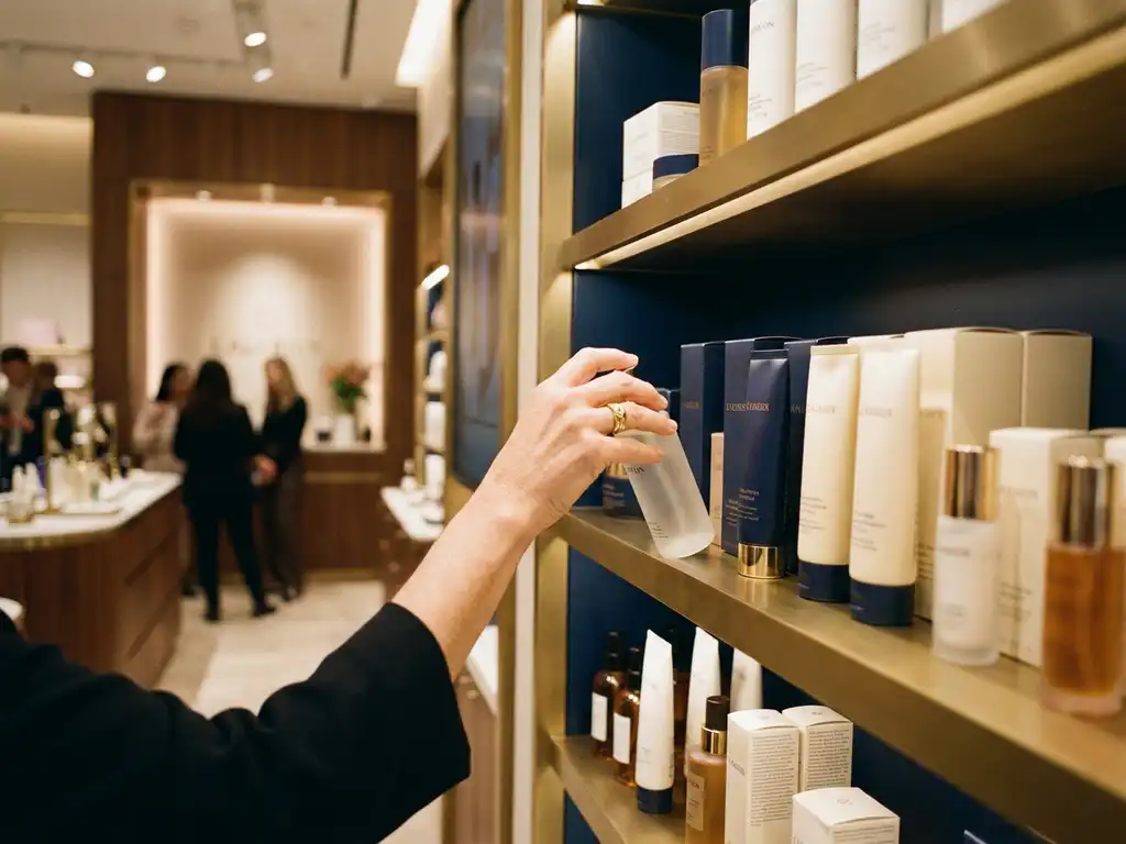 Premium beauty display with navy and gold shelving, warm spotlight illuminating skincare products as a shopper reaches for an item.