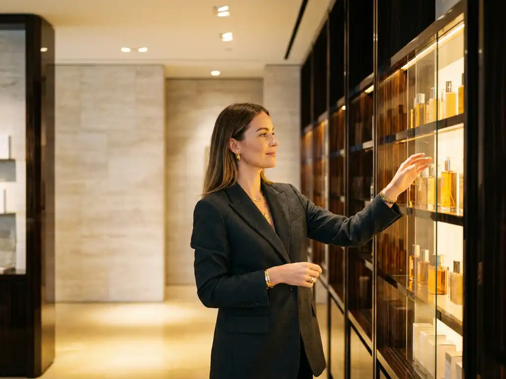 Shopper reaching toward a backlit product display in a premium retail store with warm amber spotlights and polished shelving.