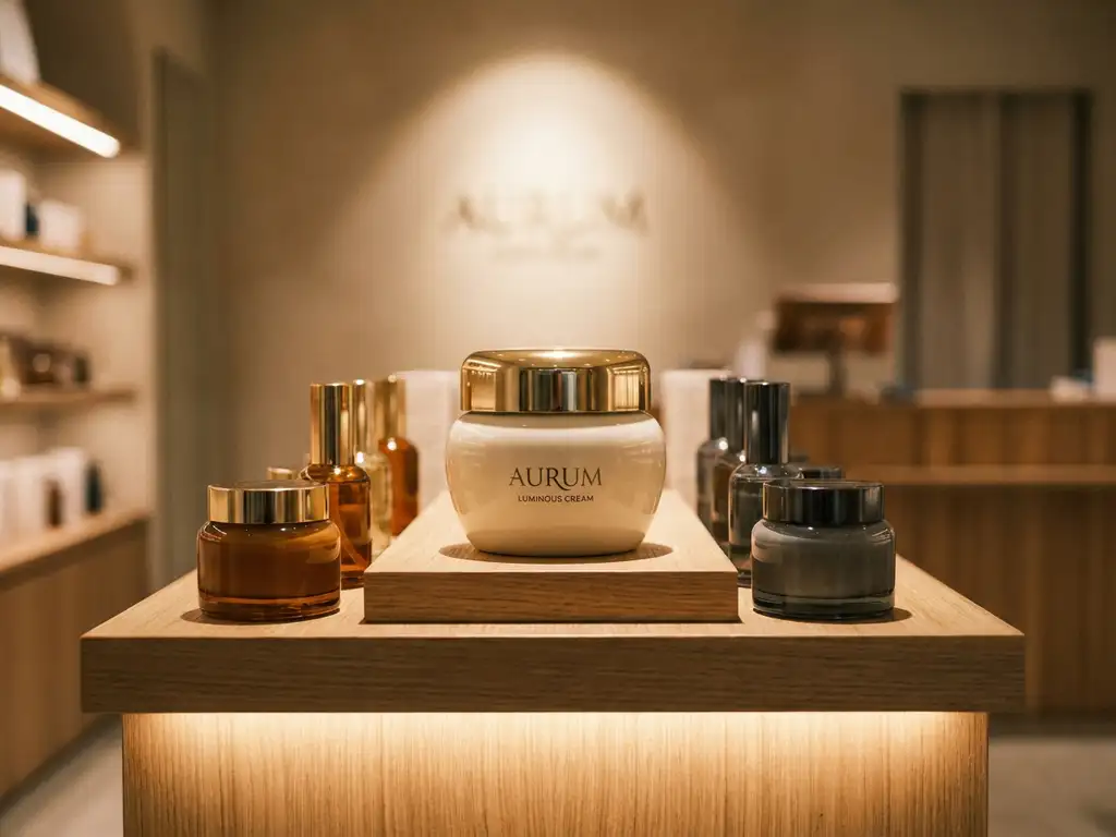 Premium skincare product spotlighted on a retail shelf, surrounded by complementary items in warm gold and cream tones with shallow depth of field.
