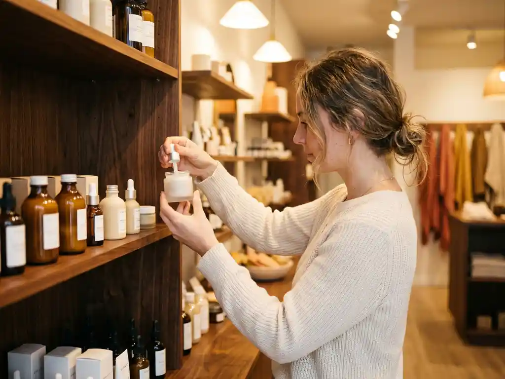 Woman selecting a premium skincare product from a wooden display in a warmly lit retail aisle with polished shelves.