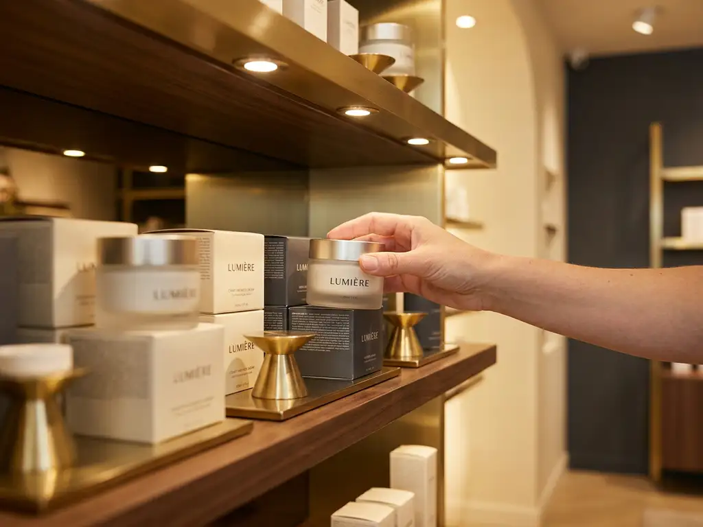 Premium skincare products on wooden shelves with brushed metal accents, shopper's hand reaching toward a product in warm retail lighting.