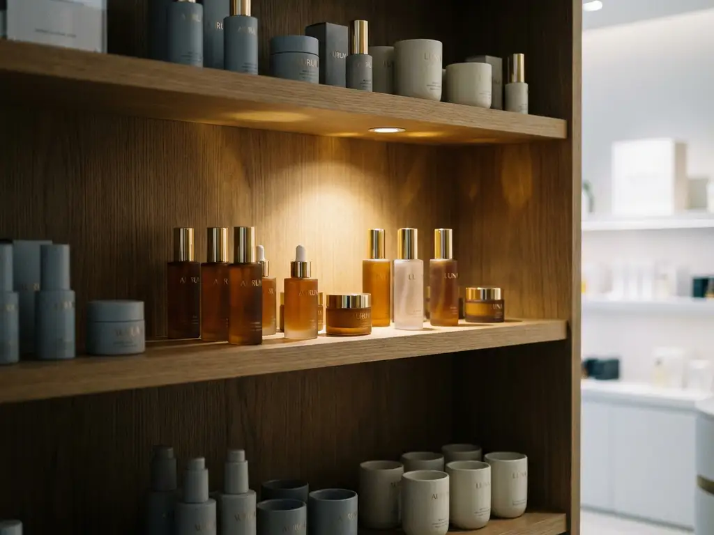 Premium skincare products arranged on three-tiered retail shelf, middle row spotlit in warm gold tones against a clean white store aisle.
