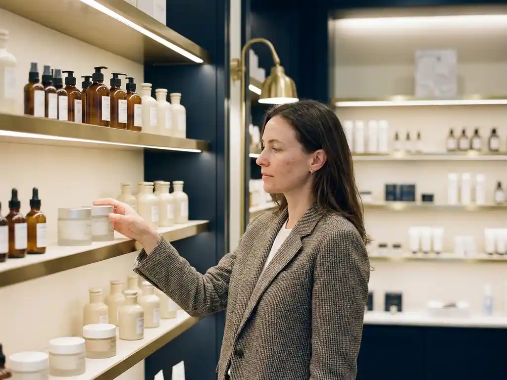 Shopper touching a product at a warm-lit premium skincare display with gold accents and neatly arranged cosmetics.