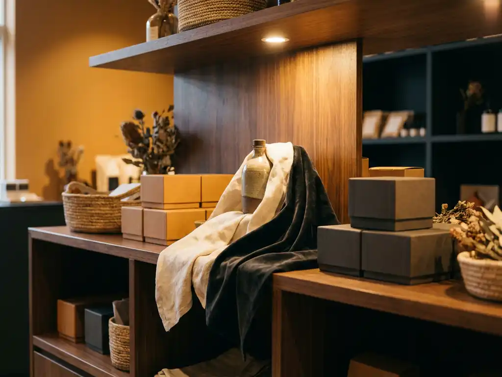 Spotlight-lit hero product on a wooden boutique fixture surrounded by draped fabric and stacked boxes in warm amber tones.